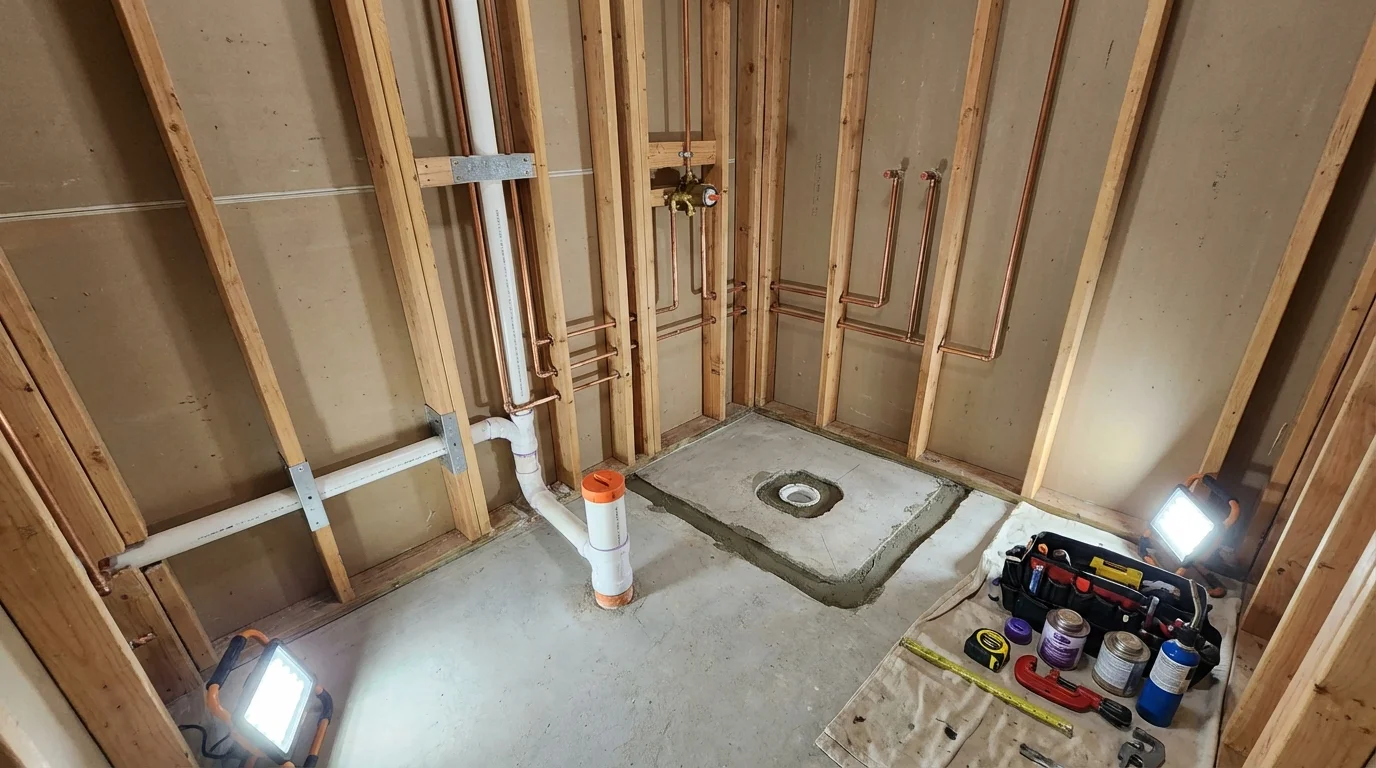 Bathroom rough-in plumbing during remodel by Johns Plumbing LLC in Broussard