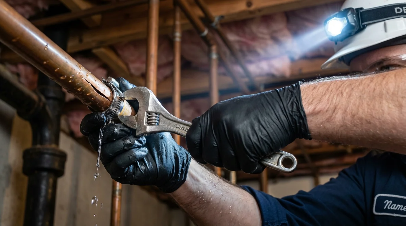 Emergency pipe clamp repair being performed by a Johns Plumbing LLC plumber in Broussard