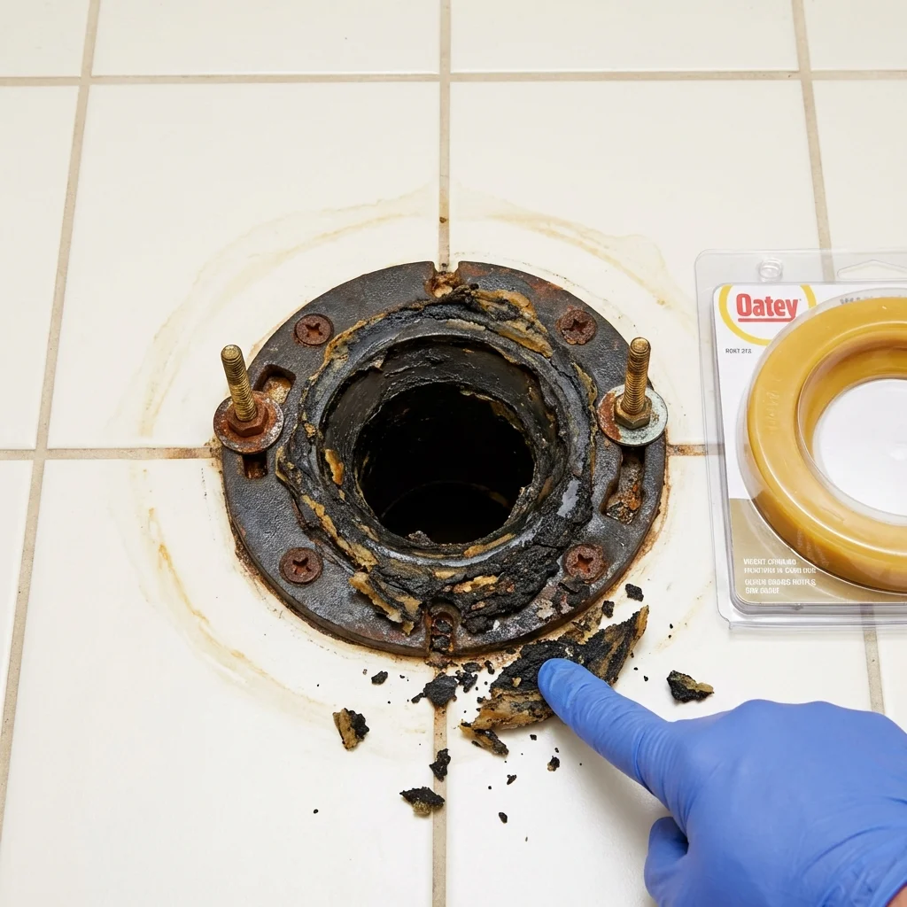 Failed wax ring showing water seepage at the base of a toilet in a Broussard, LA home