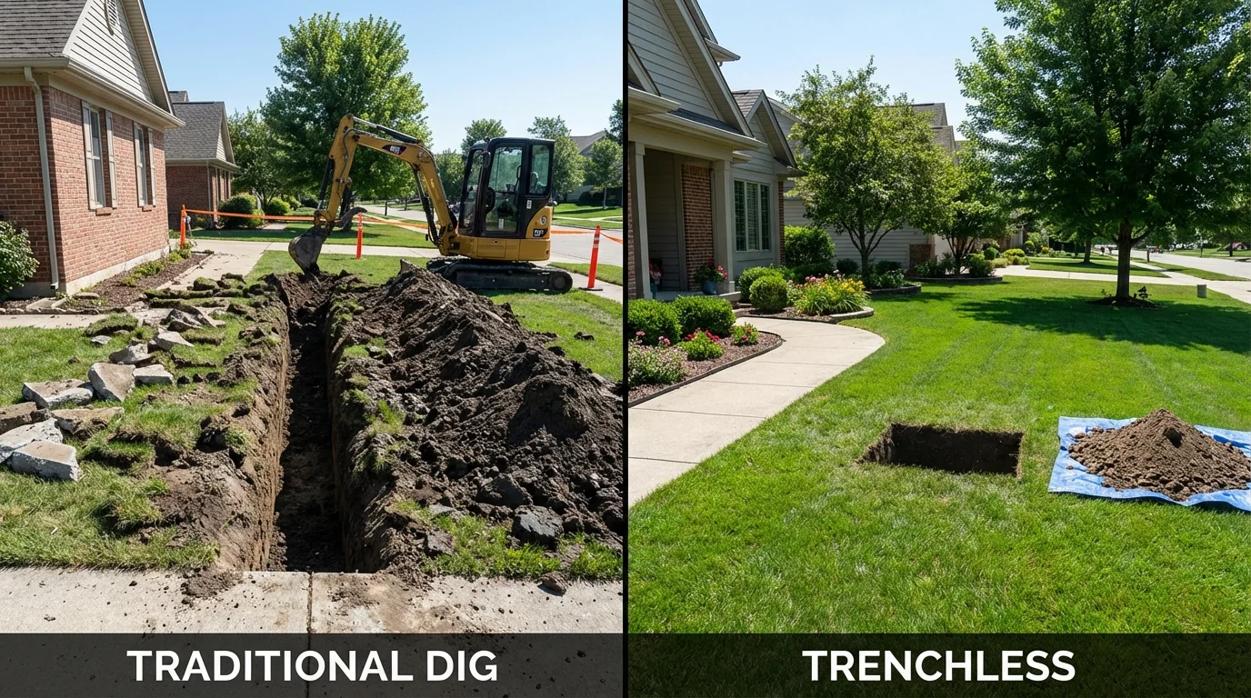 Trenchless sewer repair with minimal yard damage versus traditional excavation in Broussard, LA